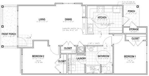 Floor plan for 2 beds, 1 bath, 1126 sqft